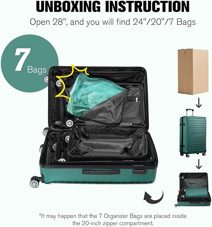 10 Piece Luggage Sets, 3 Piece Suitcase Set, 20 inch Carry on Luggage, 24 inch and 28 inch Checked Luggage with 7PC Packing Bags - Image 2