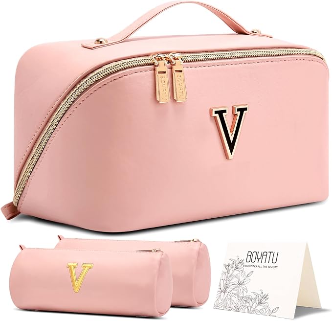 BOYATU Personalized Travel Makeup Bag: 3-in-1 Cosmetic Bag Gift for Women | Initial Make up Bag Organizer - Custom Letters A-Z - Flat Open Portable Toiletry Bag for Birthday Graduation Anniversary by BOYATU