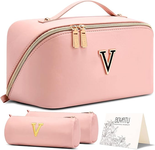 BOYATU Personalized Travel Makeup Bag: 3-in-1 Cosmetic Bag Gift for Women | Initial Make up Bag Organizer - Custom Letters A-Z - Flat Open Portable Toiletry Bag for Birthday Graduation Anniversary by BOYATU