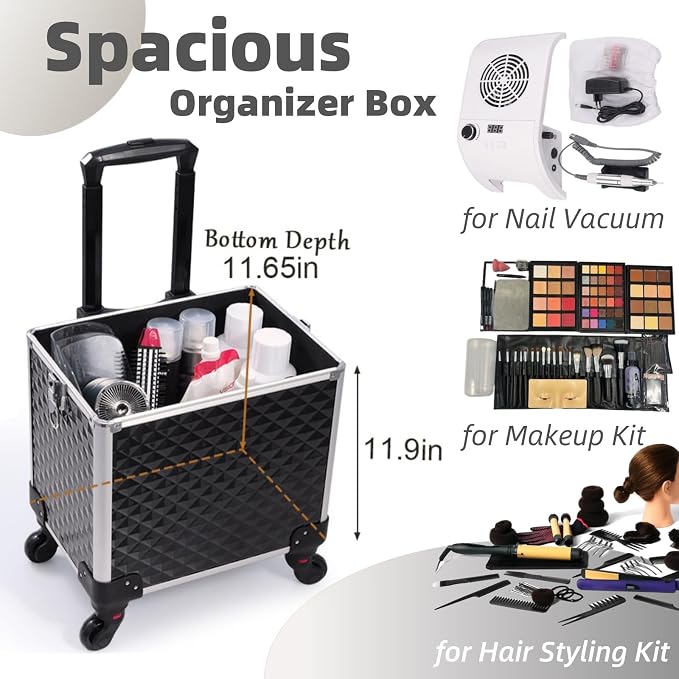 Faquenc Cosmetology Case on Wheels 3 in 1 Rolling Makeup Train Case Nail Tech Makeup Organizers Storage Cart Cosmetic Trolley Travel Barber Suitcase for Make up Artist Manicure Hair Lockable, Black - Image 5