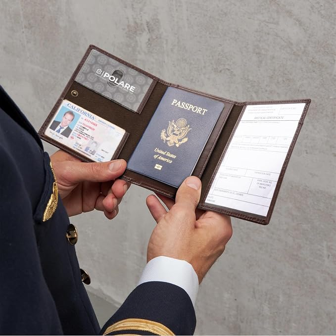 Polare Napa Leather Pilot Wallet Passport Holder RFID Blocking Tri-fold Travel Cover Document Organizer for Aviation Professionals (Coffee with AirTag Slot) - Image 2