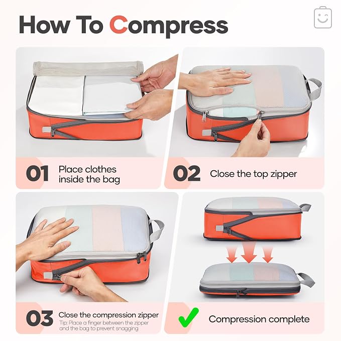 Veken 9/11 Set Compression Packing Cubes for Travel Essentials,Compressible Expandable Luggage Suitcase Organizer Bags with Garment Bag,Space Saver Bags with Over 1000 pcs of Mesh Holes(Orange) - Image 3
