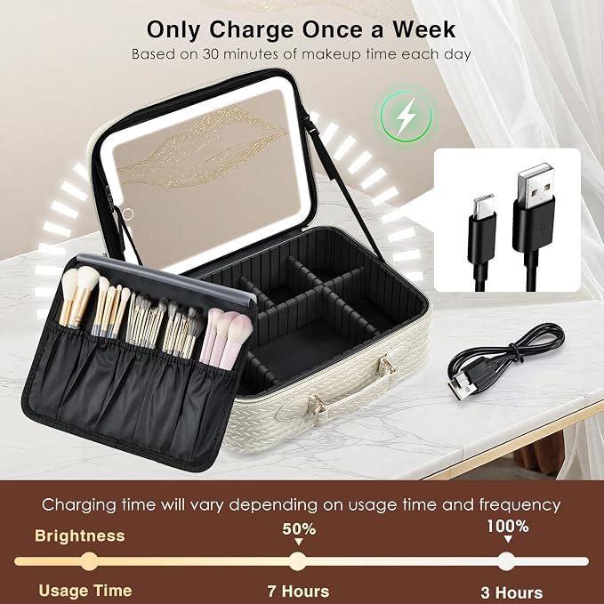 Faquenc Makeup Bag with LED Lighted Mirror 12.2 IN Travel Makeup Bag Adjustable Brightness in 3 Colors Cosmetic Organizer Artist Storage Bag with Dividers Brush Holder Bag Vanity Beige - Image 9