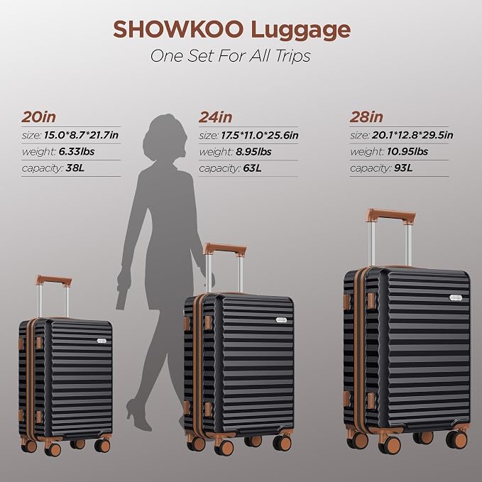 SHOWKOO Luggage Sets 3 Piece Hardside Expandable Suitcase with Double Spinner Wheels Tsa Lock Black (20in/24in/28in) - Image 9