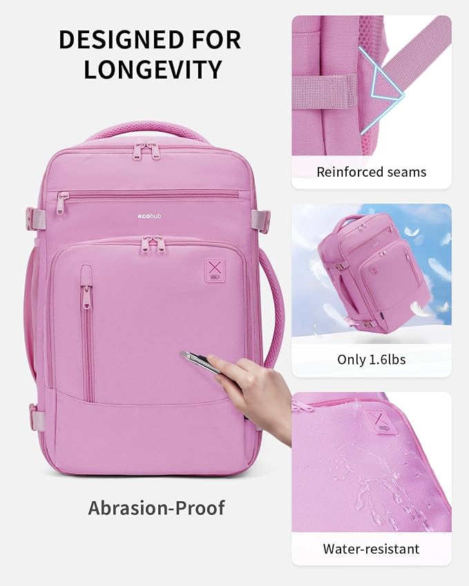 ECOHUB 17" Small Travel Backpack, United Airlines Personal Item Bag 17x10x9 with 16 Pockets, Water Resistant Rucksacks Fit 15.6" Laptop, AirTag Pocket, Lightweight Casual Daypack, 25L, Pink - Image 6