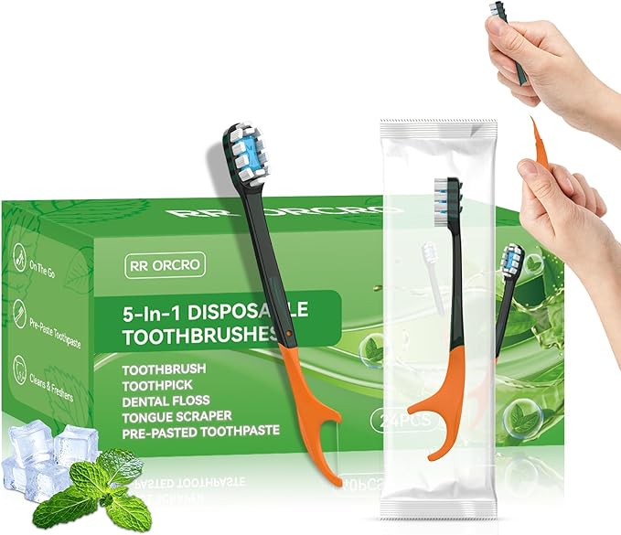 24Pack Disposable Toothbrush with Pre-Pasted Toothpaste 5-in-1 Mini Travel Toothbrush Deep Clean with Toothpick, Flosser, Tongue Scraper for Superior Oral Hygiene, Individually Wrapped