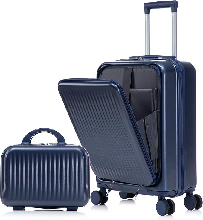 GDFStudio 14/20 Inch 2 Piece Luggage Set with Front Opening Design, ABS Hard Shell Spinner Suitcase with Combination Lock,360° Silent Wheels, Retractable Handle, and 14” Portable Cosmetic Case,Navy by GDFStudio