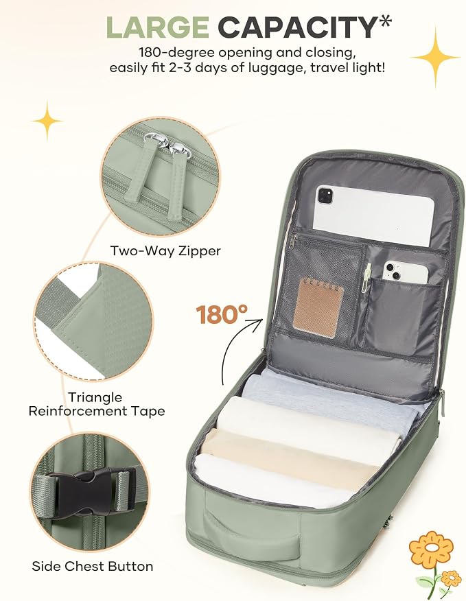 coofay Large Travel Backpack For Women Men Airline Approved Carry On Backpack Flight Approved Waterproof Sports Luggage Backpack Casual Daypack Small Hiking Backpacks Grey Green - Image 4