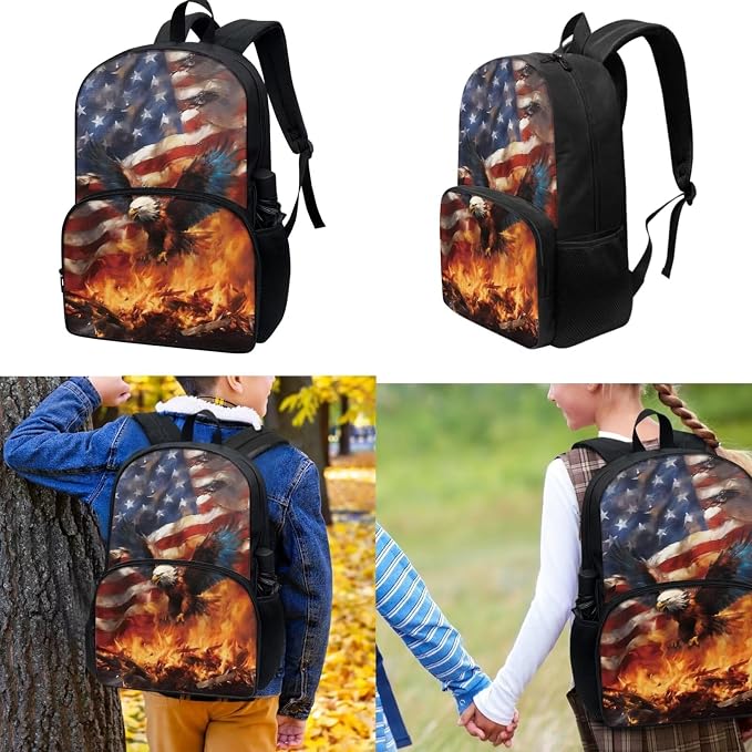 3 Pack School Bag for Boys American Flag Fire Eagle Print Backpack Bookbag with Lunch Box Pencil Case Elementary/Primary/Middle Kids Backpack Daypack Satchel Set - Image 2