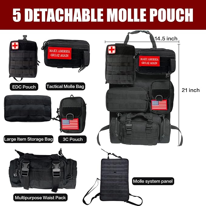 Tactical Car Seat Back Organizer,Tactical Molle Seat Back Organizer with 5 Detachable Molle Pouch,Velcro Label Can Be Removed,Universal Fits for Car Truck Jeep Vehicle - Image 3