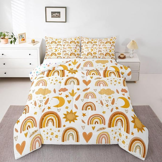 Rainbow Comforter Set, Sun Moon And Stars Duvet Insert King Size For Kids Girls Boys Teens Bedroom Decor, Bohemian Dream Catcher Feather Down Comforter Iridescent Branches Cartoon Quilt, Gold Yellow by Erosebridal