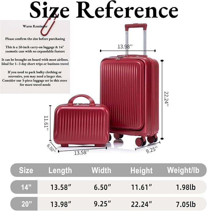 2-Piece ABS Hard Shell Lightweight Carry-On Luggage Set (14" & 20"), 360-Degree Spinner Wheels, Adjustable Telescopic Handle and Combination Lock for Travel, Wine Red - Image 6