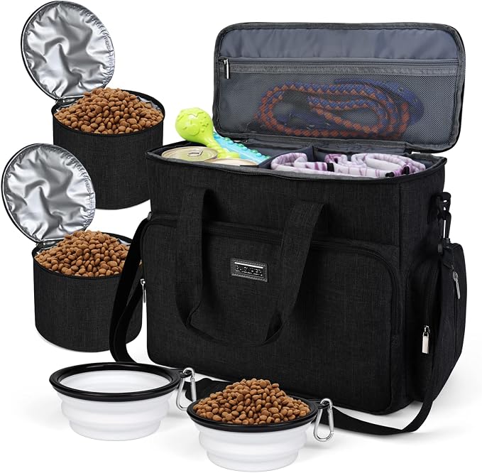 BAGLHER Dog Travel Bag, Airline Approved Pet Tote Organizer with Multi-Function Pockets, 2 X Food Storage Containers and 2 X Collapsible Bowls, Perfect Weekend Pet Travel Set for Dog, Cat Black by BAGLHER