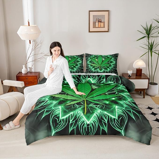 Erosebridal Exotic Leaf Comforter Set, Bohemia Leaves Bedding Set Queen Size, Bohemian Feather Duvet Sets for Kids Girls Teens Adult, Boho Exotic Quilted Duvet for Bedroom, Green - Image 2