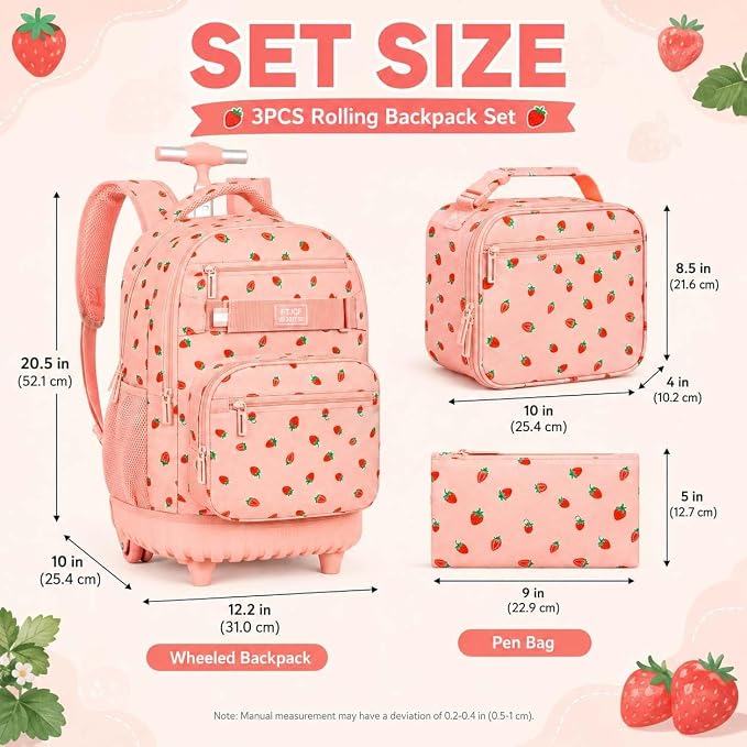 3Pcs Rolling Backpack for Women Girls with Large Wheels, 20 Inches Detachable Wheeled Backpack Set, Adults Water Resistant Roller Backpack for Travel, Work, College School (Pink) - Image 4