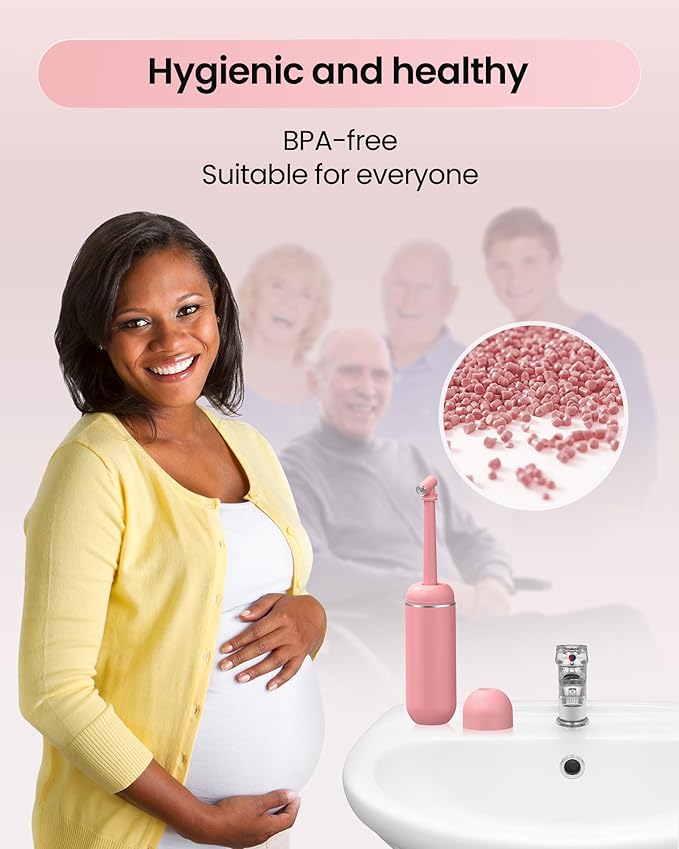 Portable Bidet for Travel & Camping - Manual Squeeze Handheld Peri Bottle for Feminine Hygiene, 3 Leak-Proof Seals, Extendable Sprayer with Rotating Nozzle for Men & Women (Upgrade Pink, General)