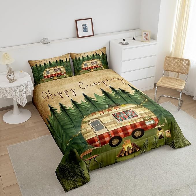 Erosebridal RV Camper Comforter Set for Kids Boys Girls,Camper Themed Bedding Set Full,Mountain Woodland Jungle Bedding Comforter Sets,Farm Wood Barn Camping Duvet Insert with 2 Pillowcases - Image 4
