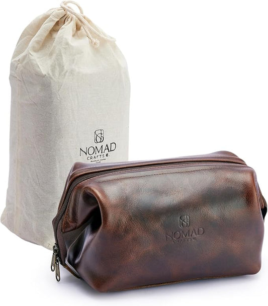 NomadCraftsCo. Premium Leather Travel Toiletry Bag for Men and Women, King-Size Dopp Kit with Waterproof Lining, Mens Toiletry Travel Bag by NomadCraftsCo