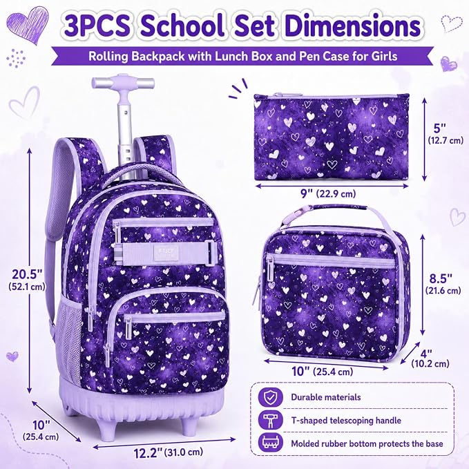 3Pcs Rolling Backpack for Girls, 19" Kids Wheeled Bookbag with Lunch Box, Roller Bag for Elementary Travel (Purple) - Image 4