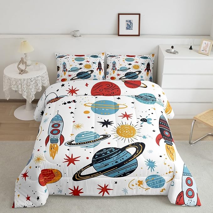 Erosebridal Outer Space Bedding Set King Size Kids Boys Space Ship Rocket Comforter Set Cartoon Universe Stars Planet Down Comforter Cosmos Meteorite Quilt Duvet Set with 2 Pillow Cases - Image 2
