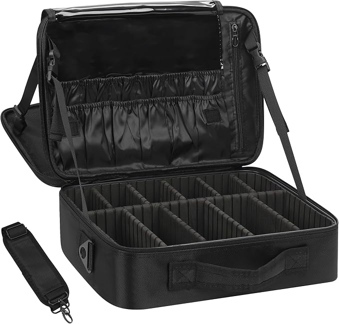 Relavel Makeup Case Large Makeup Bag Professional Train Case 14 inches Travel Cosmetic Organizer Brush Holder Waterproof Makeup Artist Storage Box, 2 Layer Large Capacity, with Adjustable Strap by Relavel