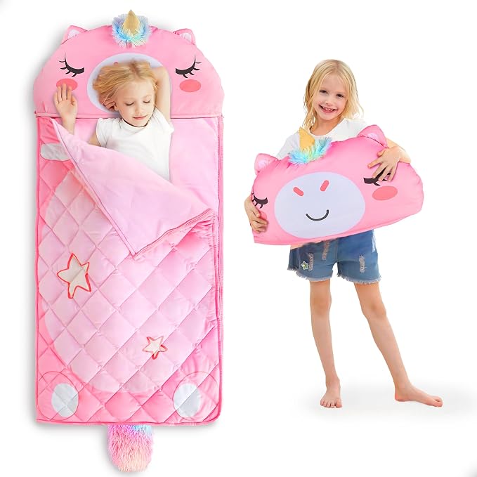 iPlay, iLearn Kid Sleeping Bag, Unicorn Slumber Sack, Toddler Girl Nap Mat | 2 in 1 Pink Animal Cushion Pillow Blanket, Happy Travel Sleepover Daycare Preschool Birthday Gift for 3 4 5 6 Year Old Child by iPlayiLearnLLC