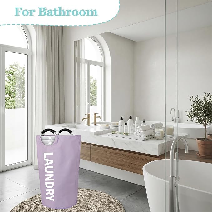 WOOHA Laundry Basket, Laundry Hamper,Collapsible Folding Clothes Hamper, Waterproof Easy Carry with Foam Protected Aluminum Handles,laundry bag,95L,Purple - Image 2