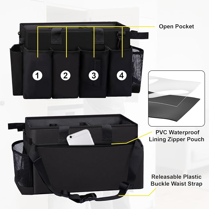 Wearable Large Cleaning Caddy Bag for Housekeeper, Clean Supply Organizer with Adjustable Shoulder, Waist & Handle Straps, Detailing Bag for Kitchen Supplies (Black) - Image 3