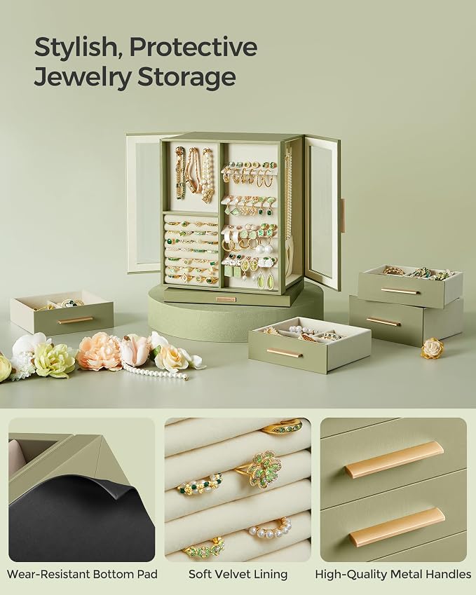 SONGMICS GISELLA Collection - Jewelry Box Organizer 360° Rotating, Vertical Jewelry Storage Case with 5 Drawers, Glass Window, Spacious, Open Design, Great Gift, Laurel Green UJBC170C02 - Image 5