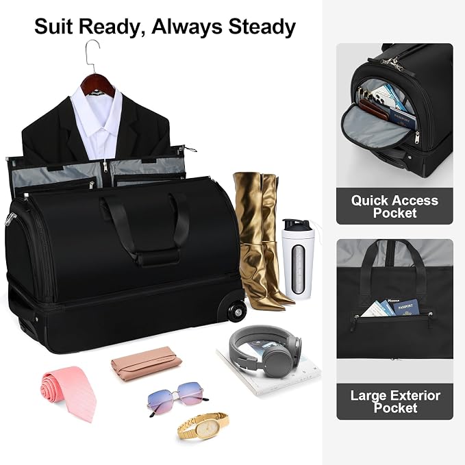 Modoker Convertible Rolling Garment Bag for Travel, Suit Travel Bag with Trolley, Garment Duffel Bag with Wheels & Shoes Compartment for Business Trip, Weekender - Black - Image 4