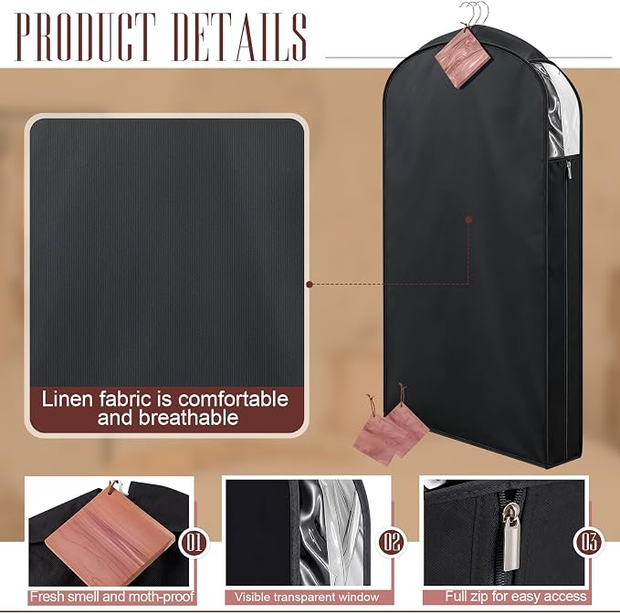 Briwooody 2 Sets 40 Inch Linen Fabric Bags for Hanging Clothes and Storage with Cedar Blocks for Fresh Smell and Moth Protection Sandpaper for Suit Fur Coat Jacket Sweater(Black) - Image 3