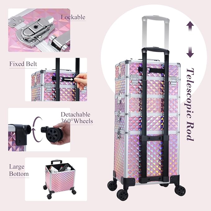 4 in 1 Rolling Makeup Trolley Train Case Cosmetic Suitcase, Box for Makeup Artist, Hairstylists, Nail Tech Students Barber Case with Keys Swivel Wheels - Shiny Pink - Image 5