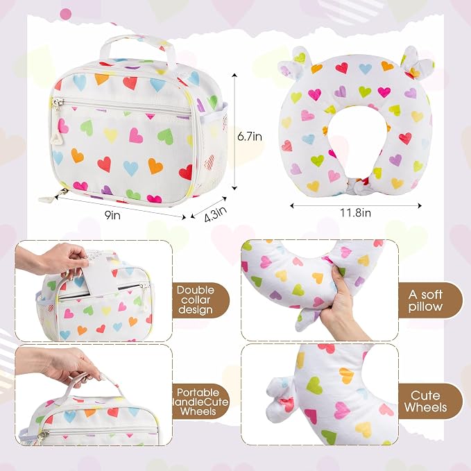 Redbaker 6 Pcs Kids Luggage Set, 17 Inch Rolling Suitcase with Backpack Lunch Bag Neck Pillow, White Love Travel Set for Summer Vacation Sleepover Back to School Gift - Image 2