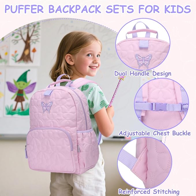 Chase Chic Toddler Backpack for Girls, Puffer Cute Lightweight Preschool Backpack with Lunch Box Set for Daycare Travel Kids Age 3-6,Pink Butterfly - Image 6
