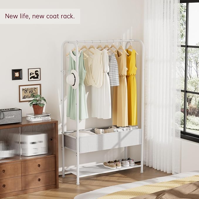 SINGAYE Wardrobe Standing Closet Clothing Rack With Shelf Hanging Clothes | Wardrobe Open Compact Small Metal Garment Hanger Stand Alone Free Standing Black Closet Rack Storage Organizer Heavy Duty - Image 2