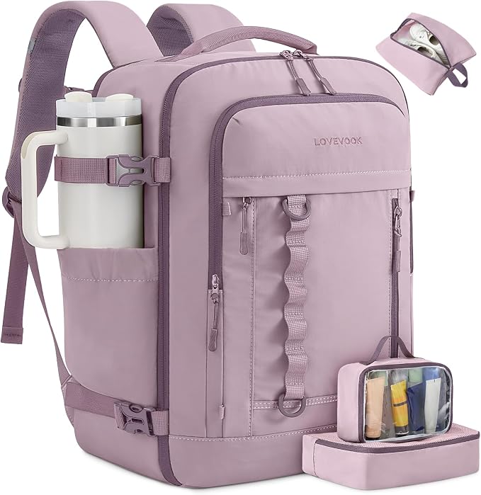 LOVEVOOK 40L Travel Backpack for Men Women, Waterproof Carry On Backpack for Work & Travel, Flight Approved Personal Item with 3 Packing Cubes, TSA Bag Fits 17.3" Laptop,Grape purple by LOVEVOOK
