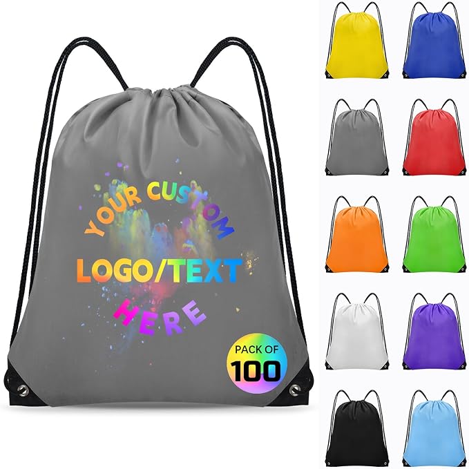 Grneric Custom Drawstring Bags Bulk 10/20/50/100/200 Pack, Promotional Items With Your Logo Personalized String Backpack for Gym, Sport, Travel, Gray by Grneric