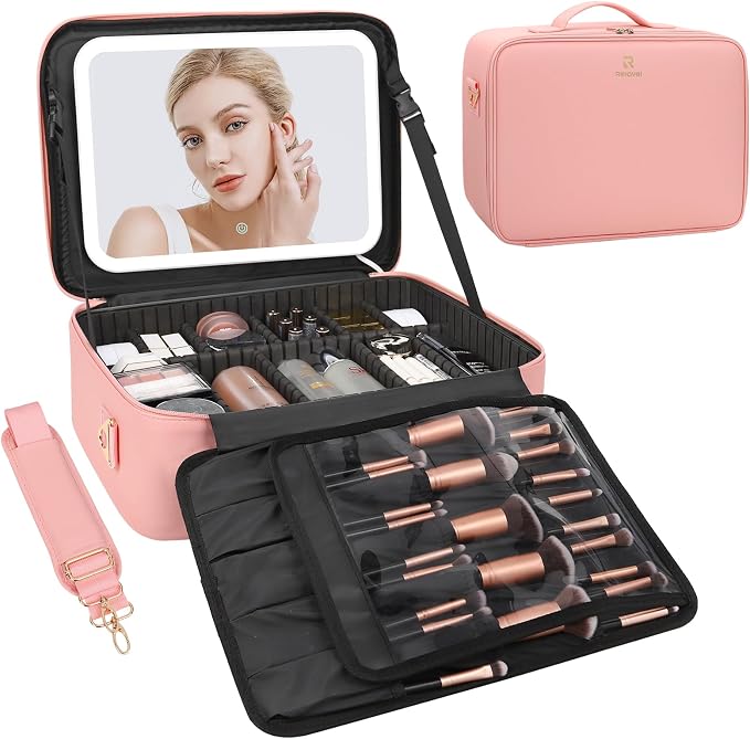 Chomeiu Makeup Bag with LED Mirror, Large Train Case for Makeup Artists, 16.2 inches Travel Professional Cosmetic Organizer with Light Up Mirror, 3 Color Lights, Brush Holder & Shoulder Strap (Pink) by Chomeiu