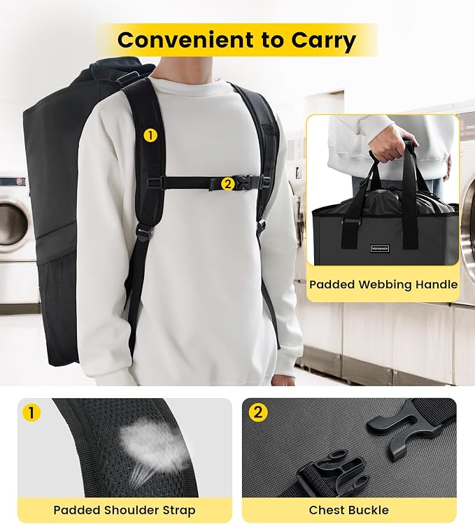 Vorspack Laundry Bag Backpack - Extra Large Laundry Bags with Shoulder Straps Heavy-duty 2 in 1 Laundry Hamper Basket for College Dorm Camp Laundromat Room Essentials - Black - Image 6