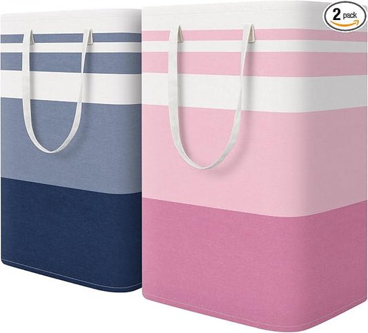 HomeHacks 2 Pack Large Laundry Baskets, Waterproof, Freestanding Laundry Hampers, Collapsible Clothes Hamper with Reinforced Handles in Laundry, College Dorm, Bathroom, Bedroom (Blue+Pink, 75Lx2) by HomeHacks