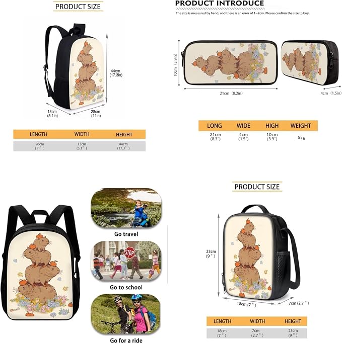 Mumeson 17inch Backpack Set for Student School Travel Backpacks Capybara Bookbag Satchel Rucksack Daypack for Girls Boys,3 in 1 Schoolbag Set with Lunch Bag Pencil Case - Image 5