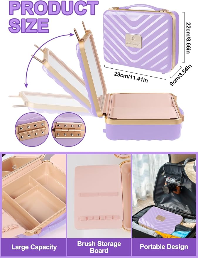 Kalolary Travel Makeup Train Cases with Lighted Mirror 3 Color Setting, Makeup Bag Cosmetic Case Organizer Adjustable Brightness Portable Makeup Storage Box with Detachable 5X Magnifying Mirror Purple - Image 5