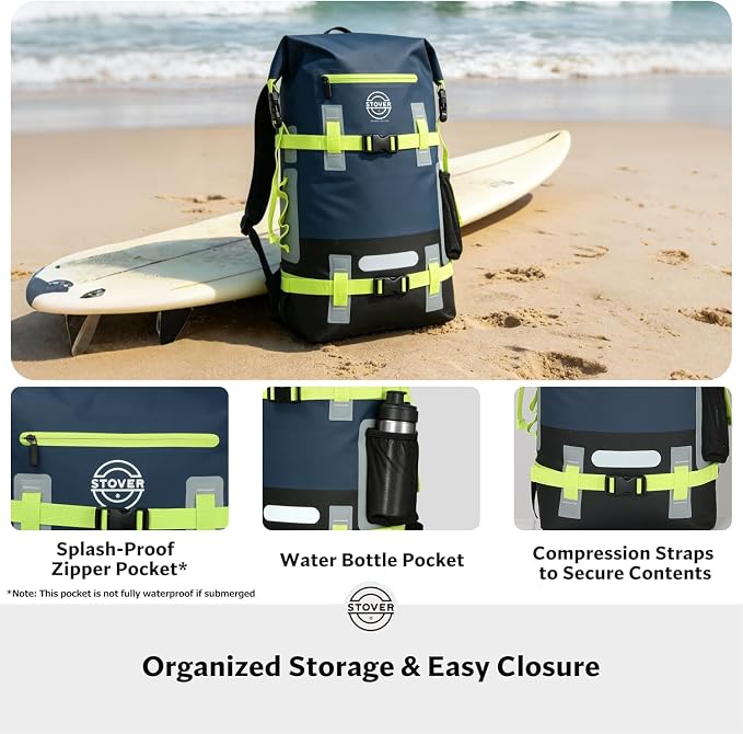 STOVER 40L Waterproof Dry Backpack & Phone Case - X-Large Floating Dry Bag for Kayaking, Travel, Hiking, Fishing, Camping, Motorcycles & Beach, Heavy-Duty Roll Top Men/Women (Navy Blue/Black/Green) - Image 6