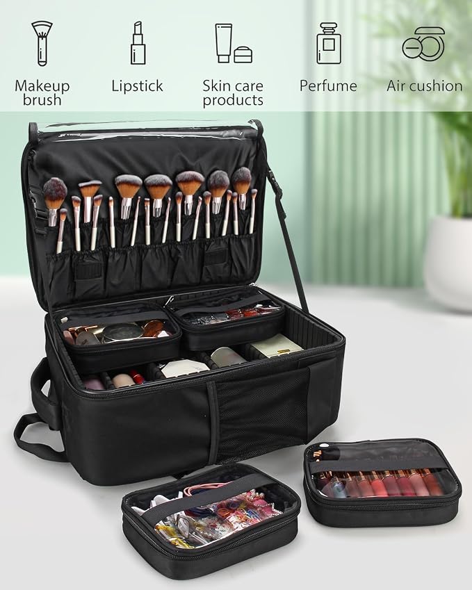TANTO Makeup Backpack, Makeup Artist Bag Professional Cosmetic Bag with 4 Bag Extra Large Travel Train Case Double-Layer Make up Storage Organizer Cosmetic Brush Case with Adjustable Divider (Black - Image 7