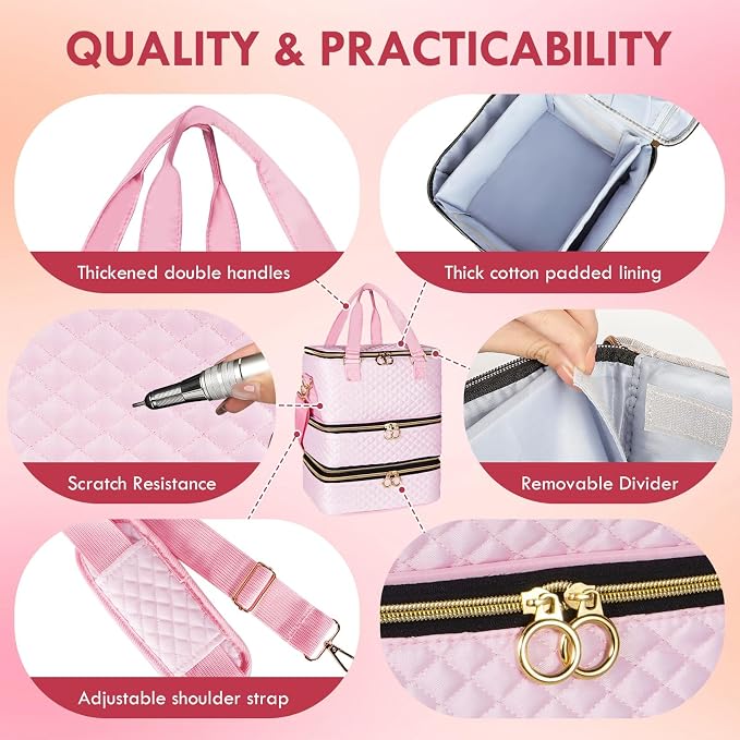 Nail Polish Organizer Bag Hold 84 Bottles(15ml/0.5 fl.oz), 3 Layers Nail Kit Supplies Organizer Bag Travel, Nail Organizers and Storage Case with Holder & Shoulder Strap, pink - Image 6