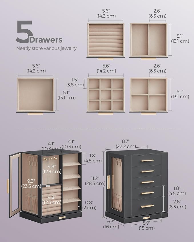 SONGMICS GISELLA Collection - Jewelry Box Organizer 360° Rotating, Vertical Jewelry Storage Case with 5 Drawers, Glass Window, Spacious, Open Design, Great Gift, Slate Gray UJBC170G01 - Image 4