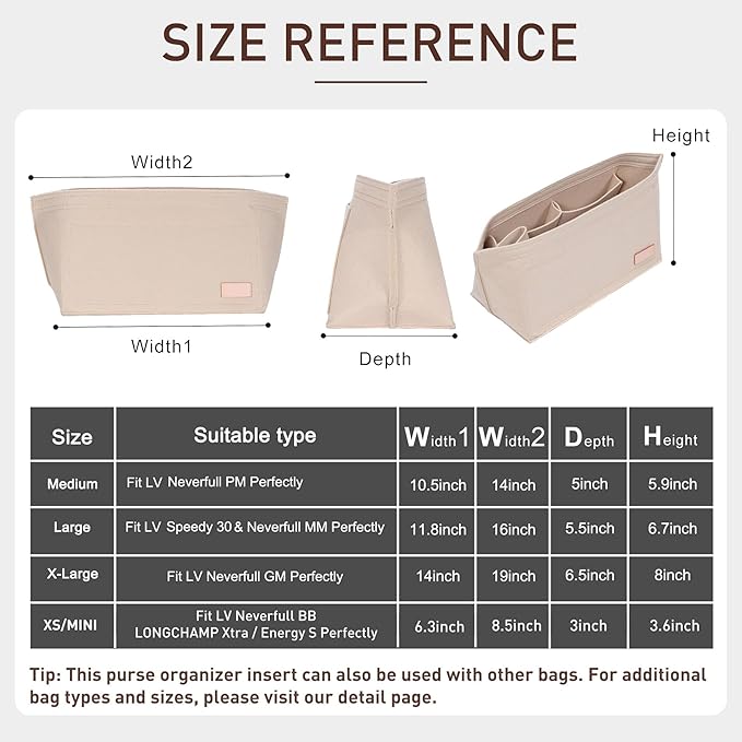 Purse Organizer Insert Compatible with Neverfull GM and More, Felt Zipper Bag Insert Liner with Base Shaper for Women Tote Handbags, Beige, XL - Image 2