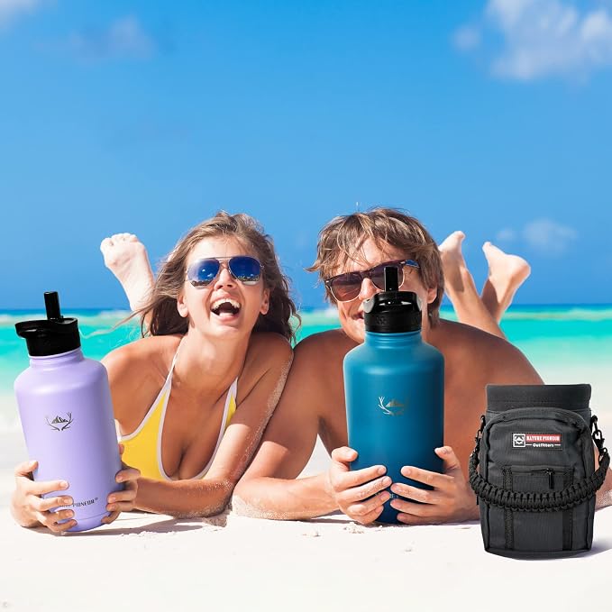 NATURE PIONEOR 64 oz Insulated Water Bottle with Carrier Bag & 3 Lids | 18/8 Food-grade Stainless Steel, Double Vacuum Insulation, 3 Leak-proof Lids, Strap, Camping, Hiking, Gym, Work - Image 8