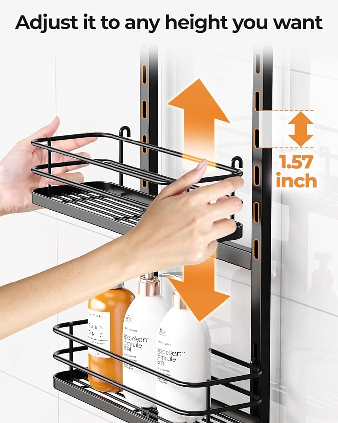 ODesign 3 Tier Height-Adjustable Shower Caddy Hanging Hanger Anti-Swing-Over The Shower Head Caddy-Shower Storage Organizer Bathroom Shelves Basket Shower Caddies-Black,11.9" x 4.84" x 36.2" - Image 6