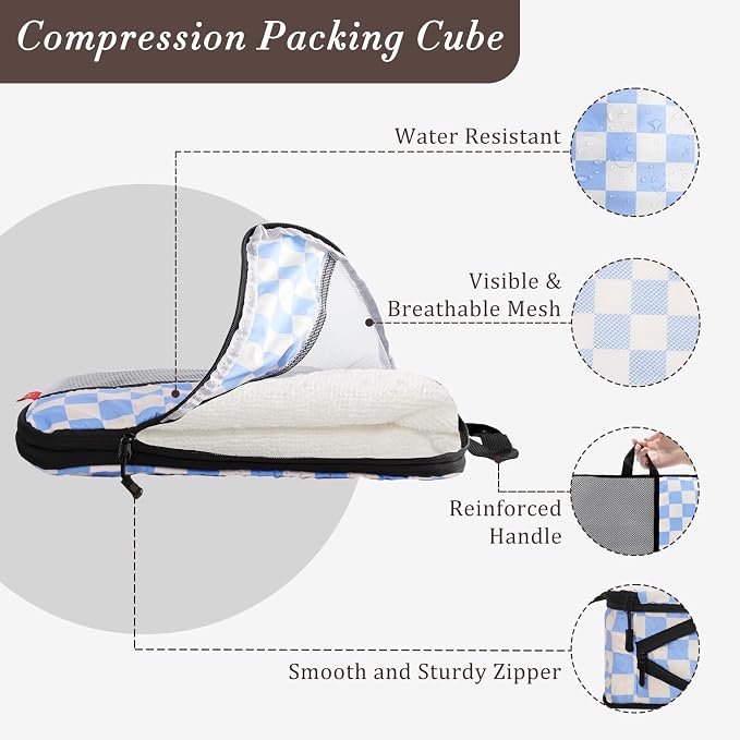 U+U 8 Set Compression Packing Cubes - Ultralight Travel Organizers with Laundry Bag and Cosmetic Bag, Space-Saving Suitcase Organizer for Travel, Business Trip and Family Vacation (Blue Checkered) - Image 2